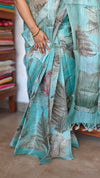 Faded Turquoise Floral Printed Tussar Silk Saree - HSN4