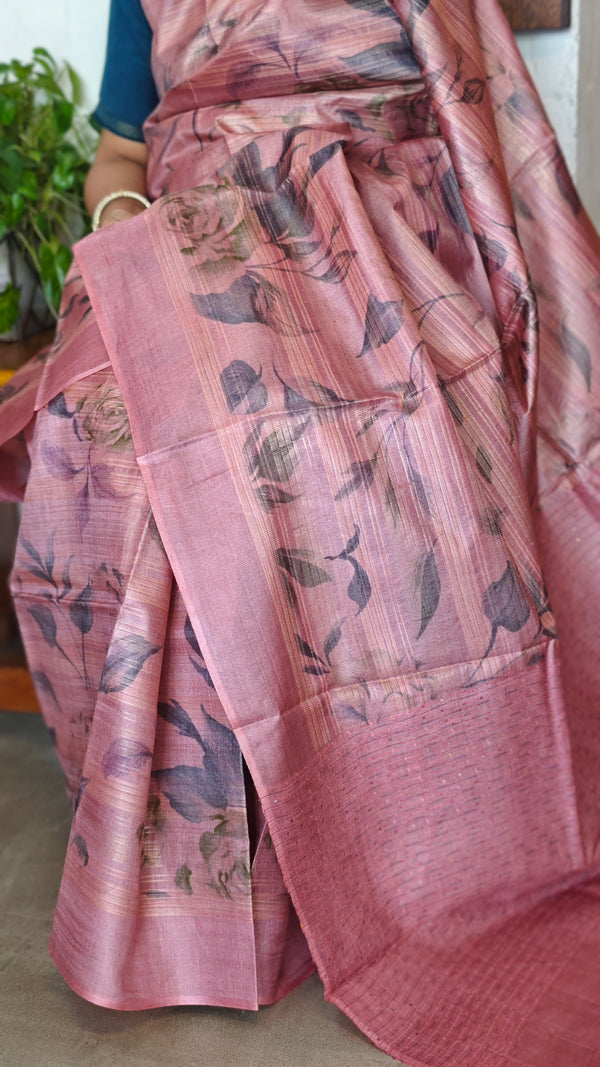 Blush Pink Floral Printed Tussar Silk Saree - HSN4