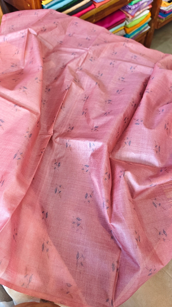 Blush Pink Floral Printed Tussar Silk Saree - HSN4