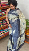 Navy Blue and Cream Abstract Printed Tussar Silk Saree - HSN4
