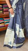 Navy Blue and Cream Abstract Printed Tussar Silk Saree - HSN4