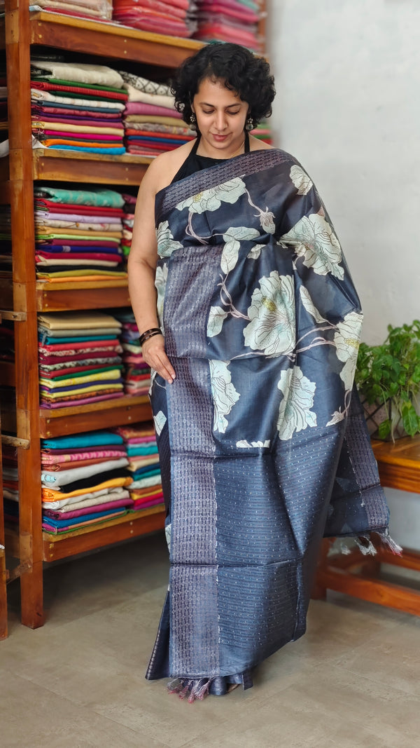 Dark Grey Floral Printed Tussar Silk Saree - HSN4