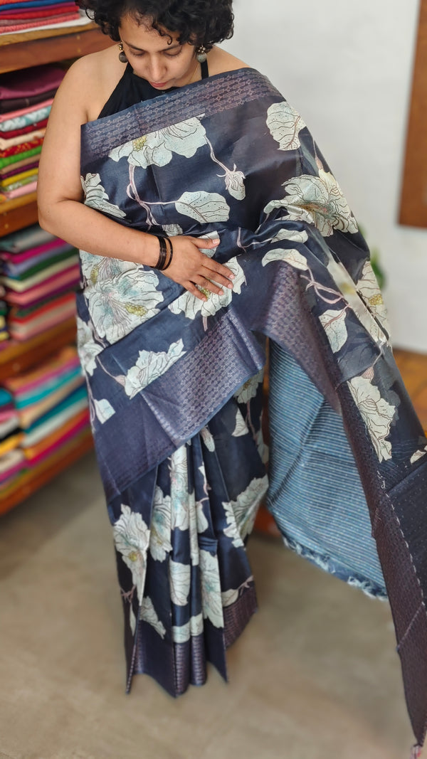 Dark Grey Floral Printed Tussar Silk Saree - HSN4