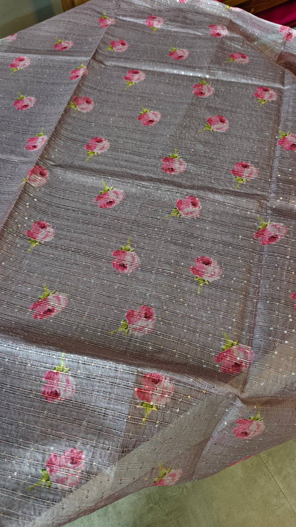 Dusty Rose Mauve Floral Printed Tussar Silk Saree - HSN4