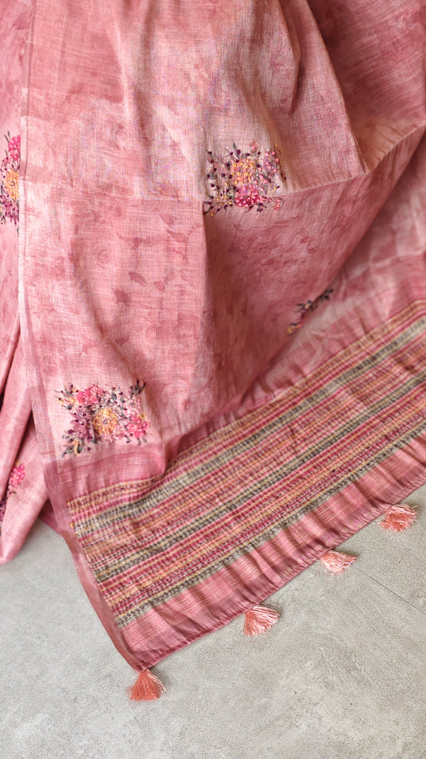 Dark Peach Linen Tissue Saree with Hand Embroidery - JZ87