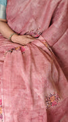 Dark Peach Linen Tissue Saree with Hand Embroidery - JZ87