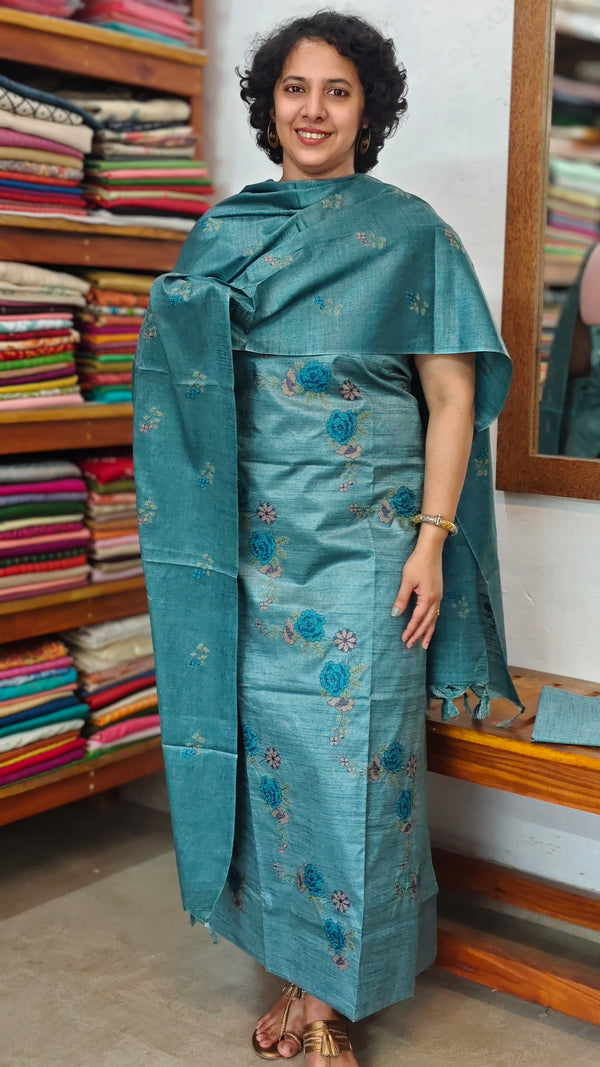 Teal Blue Semi Tussar Suit with Cross Stich Embroidery - MTV6