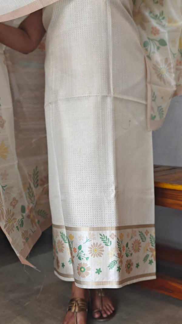 Cream and Gold Zari Striped Semi Silk Suit - CSU7 - D20