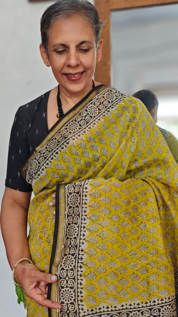 Mustard Black and Cream Chanderi Silk Saree - MK58