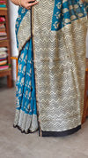 Indigo Teal and Cream Block Printed Chanderi Silk Saree - MK58
