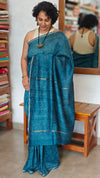 Indigo Teal Block Printed Chanderi Silk Saree - MK58