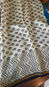 Indigo Teal and Cream Block Printed Chanderi Silk Saree - MK58