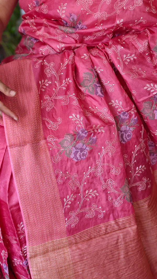 Rosy Pink Embroidered Lined Noel Tussar Silk Saree