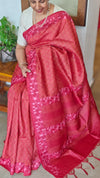 Dark Red Embroidered Tussar Silk Saree