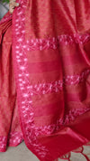 Dark Red Embroidered Tussar Silk Saree