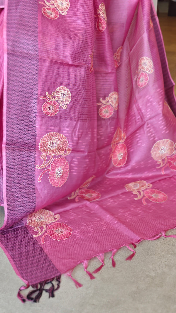 Orchid Pink Embroidered Noel Tussar Silk Saree