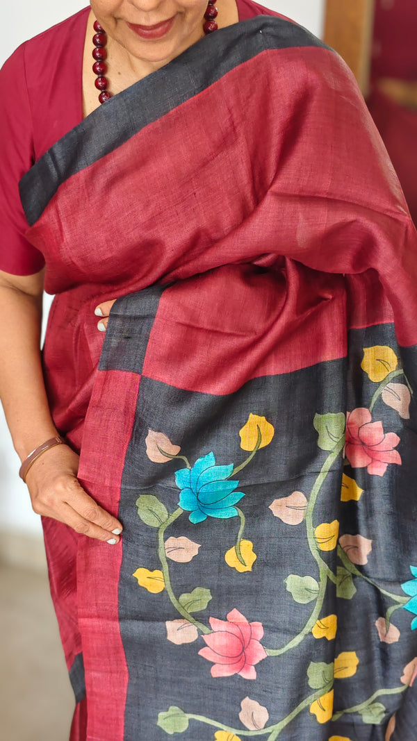 Deep Maroon Desi Tussar Kalamkari Saree - V9AC