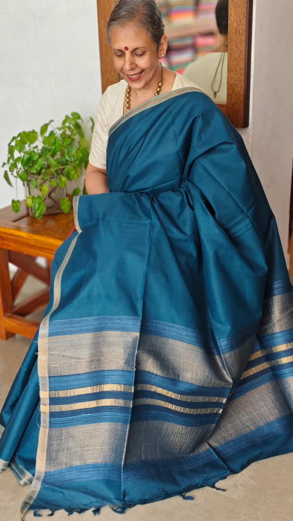 Classic Blue Chanderi Tussar Silk Saree - ANX19
