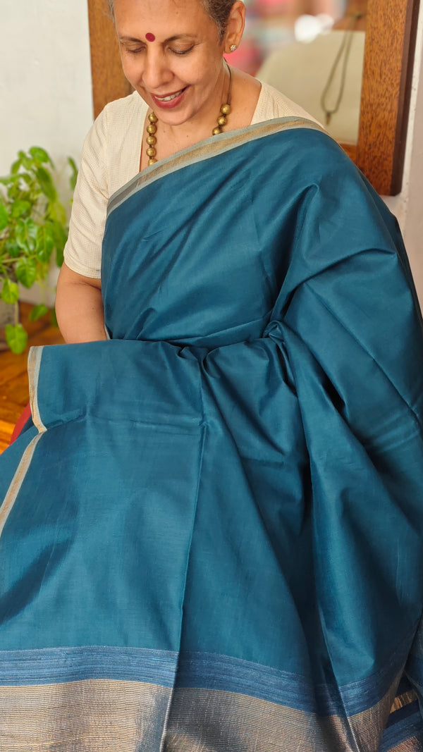 Classic Blue Chanderi Tussar Silk Saree - ANX19
