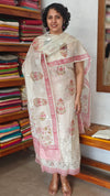 Cream and Pink Net Kota Suit with Applique Work - 38V8