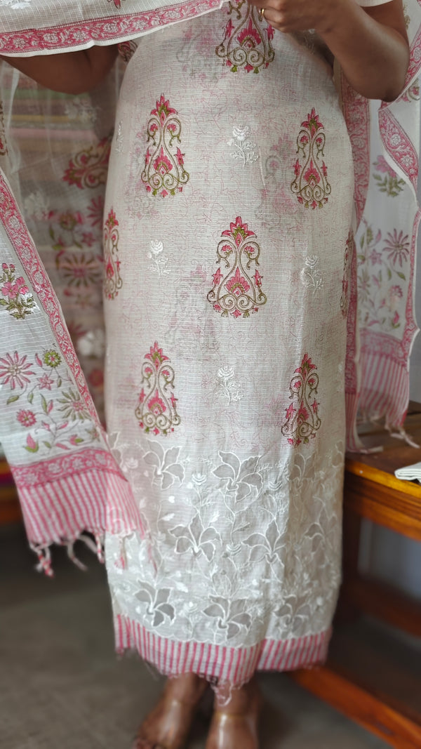 Cream and Pink Net Kota Suit with Applique Work - 38V8