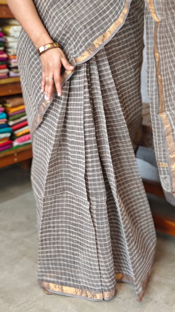 Greyish Beige Block Printed Kota Doria Saree - SQ39