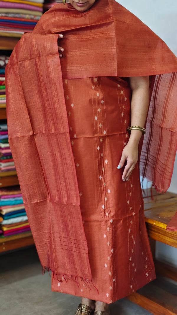 Rust Orange Woven Semi Silk Suit - EW79