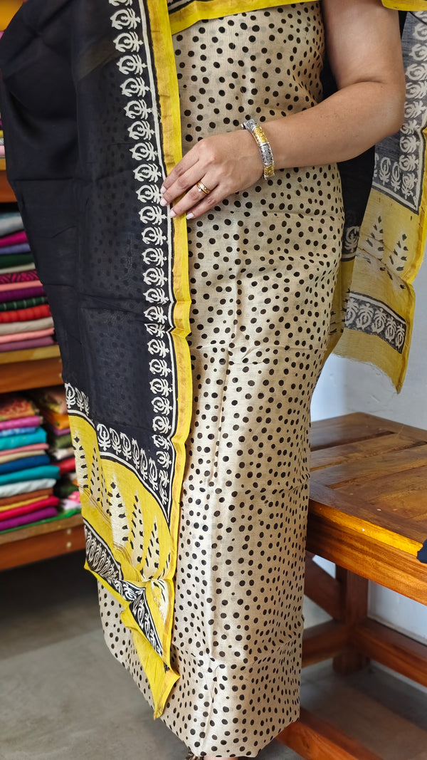 Beige and Black Block Printed Chanderi Silk Suit - MC059