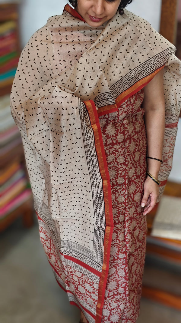 Brick Red and Beige Block Printed Chanderi Silk Suit - MC059