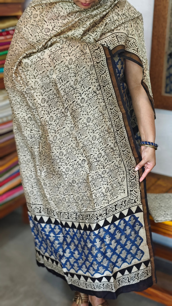 Blue and Beige Block Printed Chanderi Silk Suit - MC059
