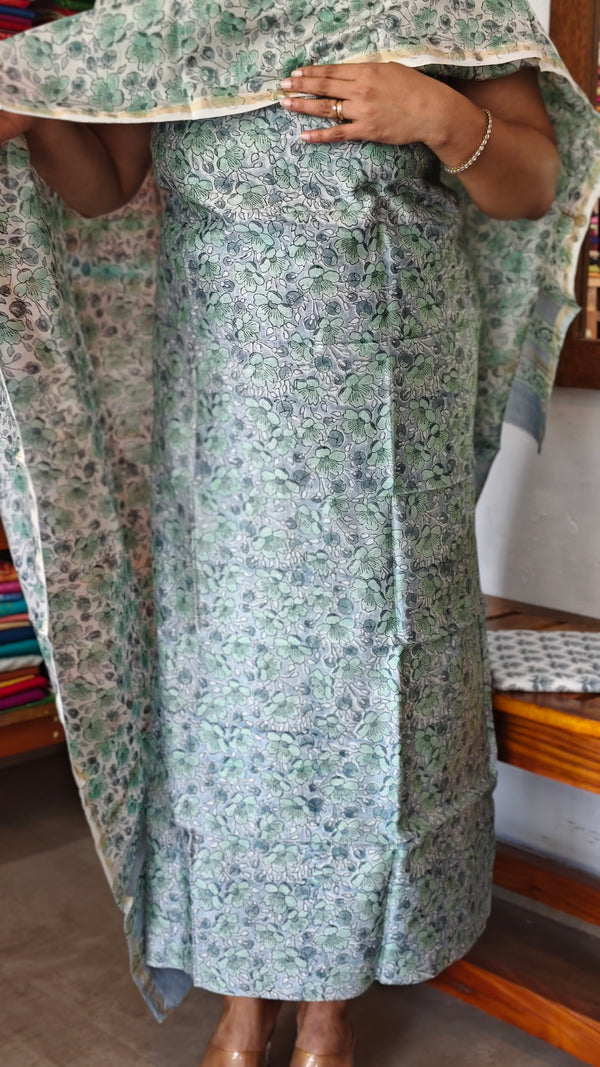 Teal Blue Floral Printed Chanderi Silk Suit - MC059