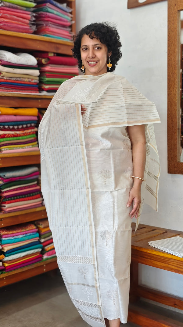 Off White and Gold Block Printed Chanderi Silk Suit - MC059