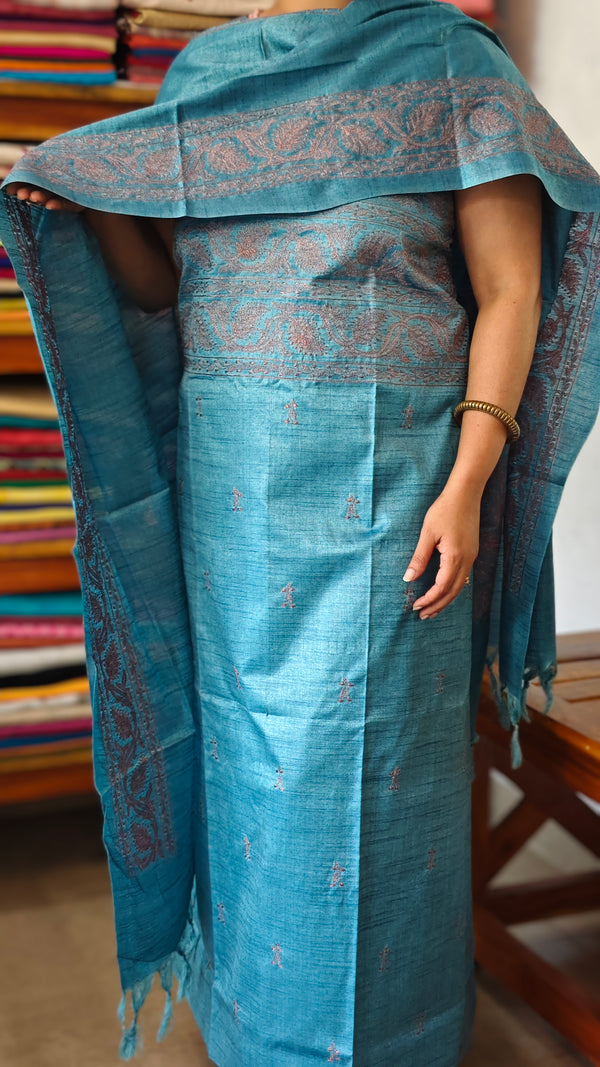 Firozi Blue Semi Tussar Suit with Copper Thread Embroidery - TTV4