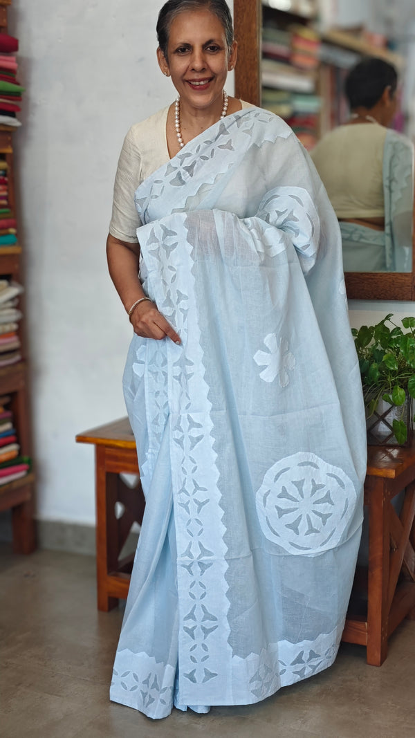 Powder Blue Organdy Saree with Cotton Applique - 7188