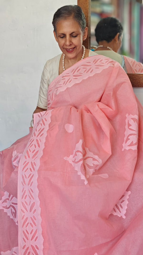 Peach Organdy Saree with Cotton Applique - 7188