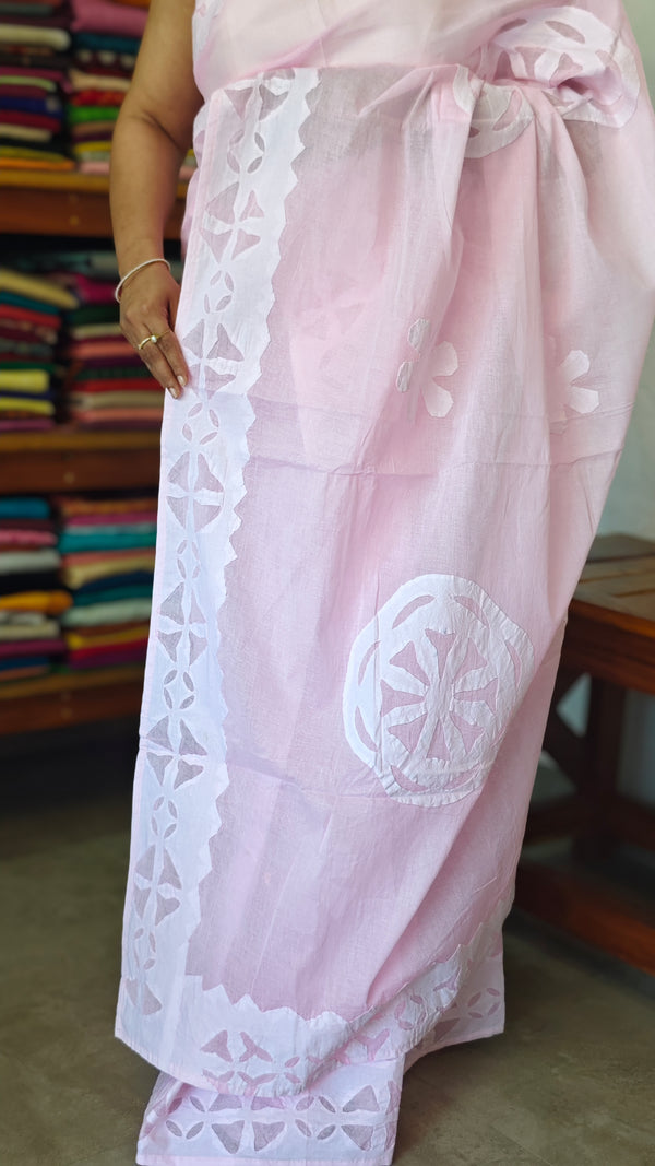 Baby Pink Organdy Saree with Cotton Applique - 7188