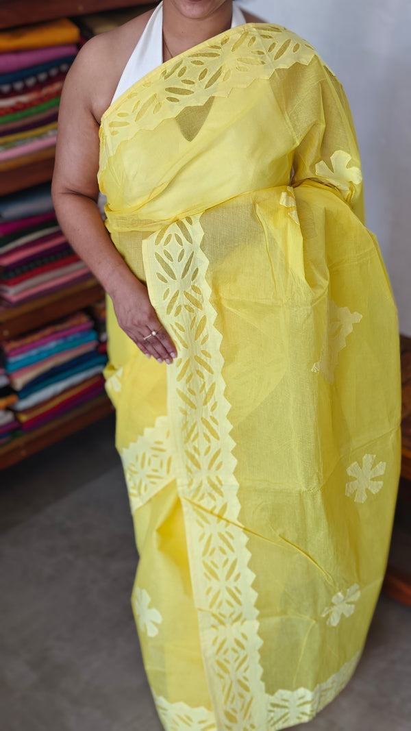 Yellow Organdy Saree with Cotton Applique - 7188