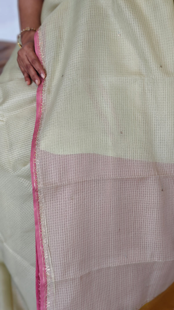 Pale Lime Green Kota Saree with Hand Pita Work - KX45