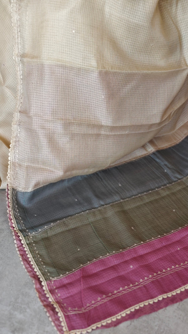 Beige Kota Saree with Hand Pita Work - KX45