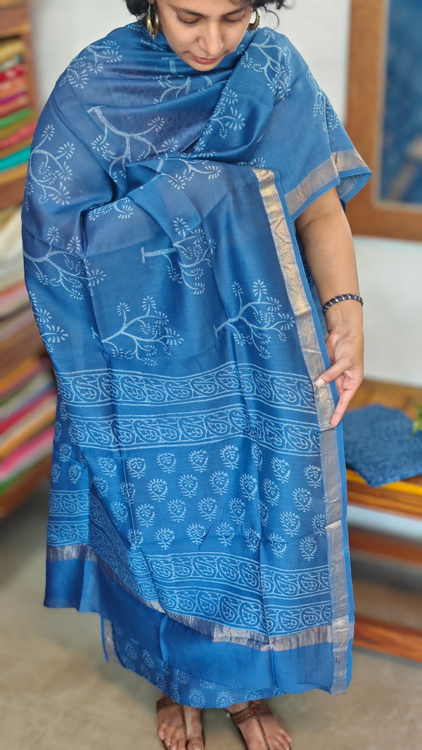 Blue Block Printed Maheshwari Silk Suit - SL291