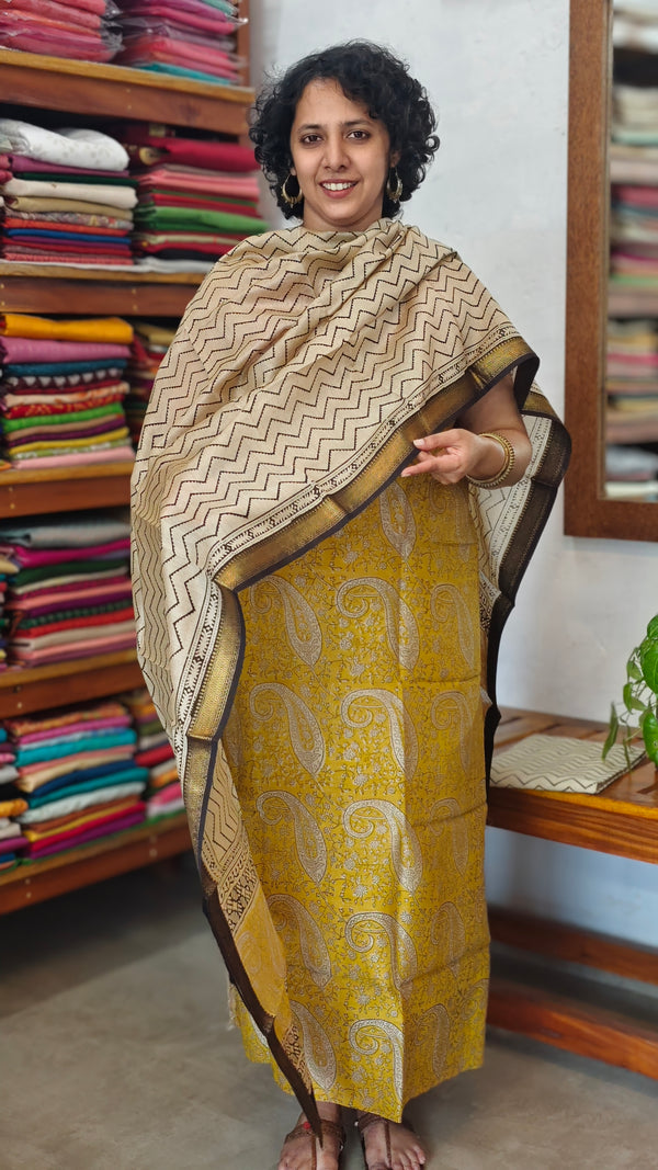 Mustard Block Printed Maheshwari Silk Suit - SL291