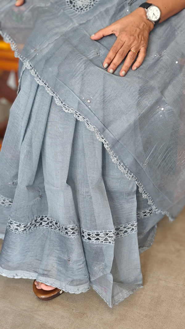 Light Grey Super Net Kota Saree with Crochet Work - 9818