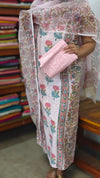 Baby Pink Block Printed Cotton Hakoba Suit with Kota Doria Dupatta