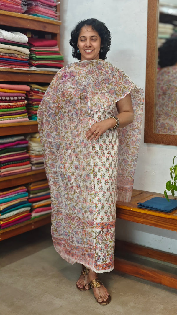 Off White and Pink Block Printed Cotton Hakoba Suit with Kota Doria Dupatta