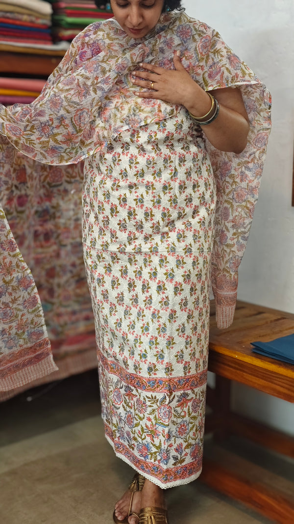 Off White and Pink Block Printed Cotton Hakoba Suit with Kota Doria Dupatta