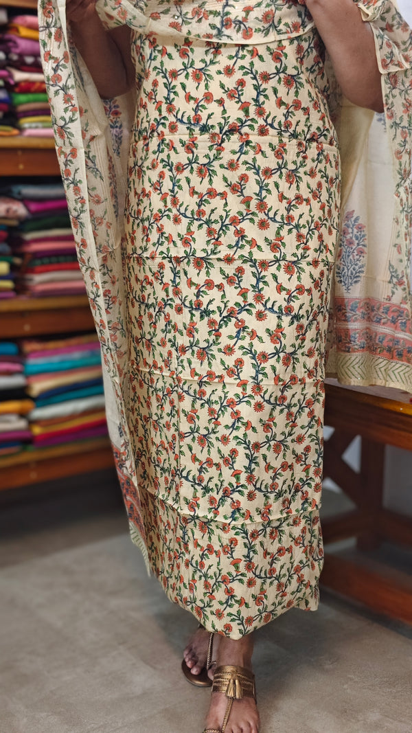 Cream Block Printed Chanderi Suit