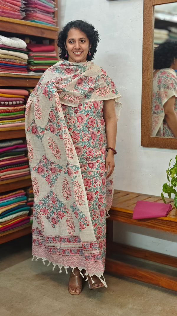 Light Beige Floral Printed Blended Linen Suit - BD33