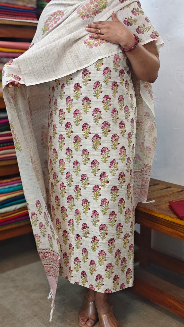 Light Beige Floral Printed Blended Linen Suit - 2 - BD33