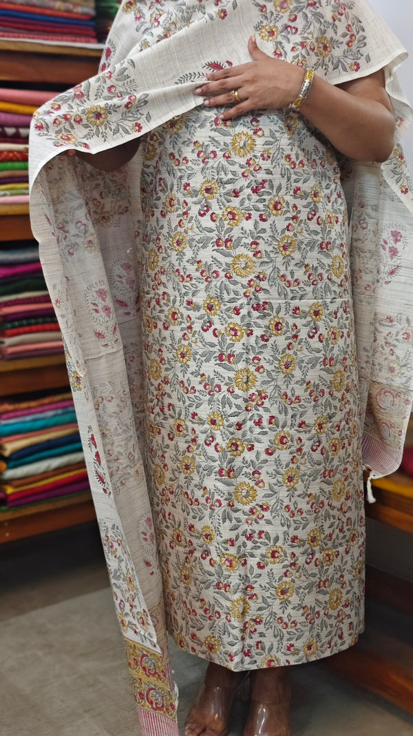 Light Beige Floral Printed Blended Linen Suit - 3 - BD33