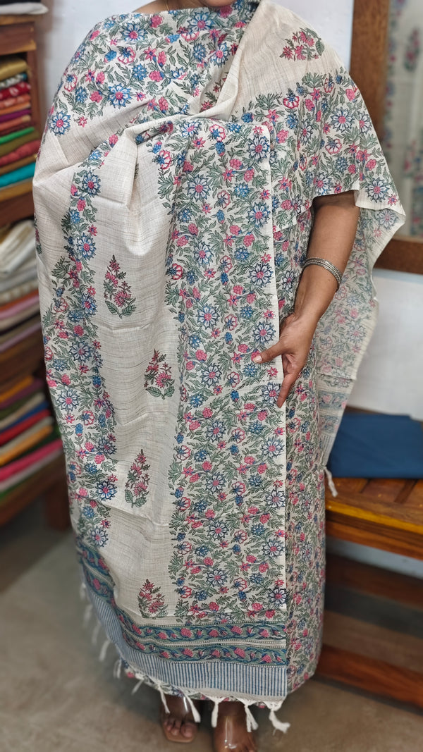 Light Beige Floral Printed Blended Linen Suit - 4 - BD33